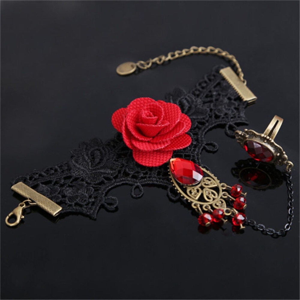 Black Lace & Red Rose Wristlet & Ring